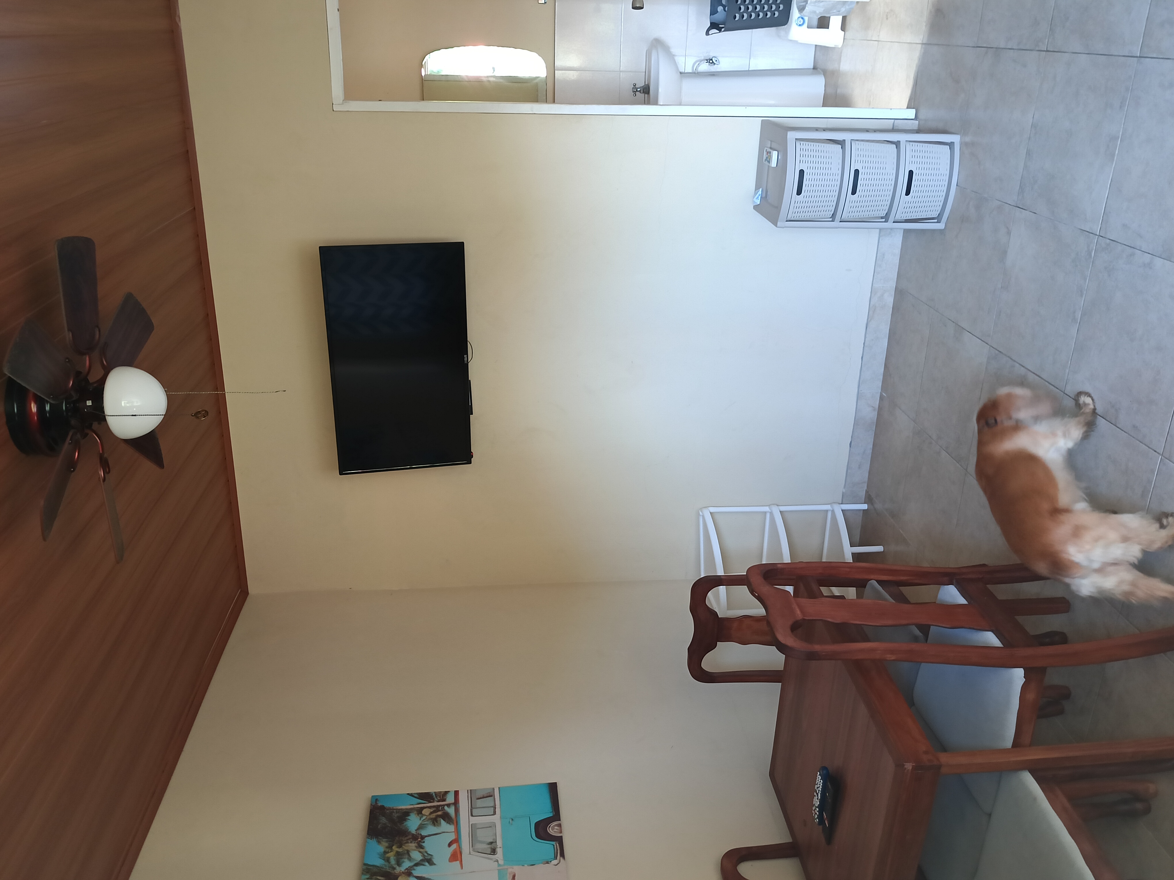 Living area with TV, ceiling fan and dining table