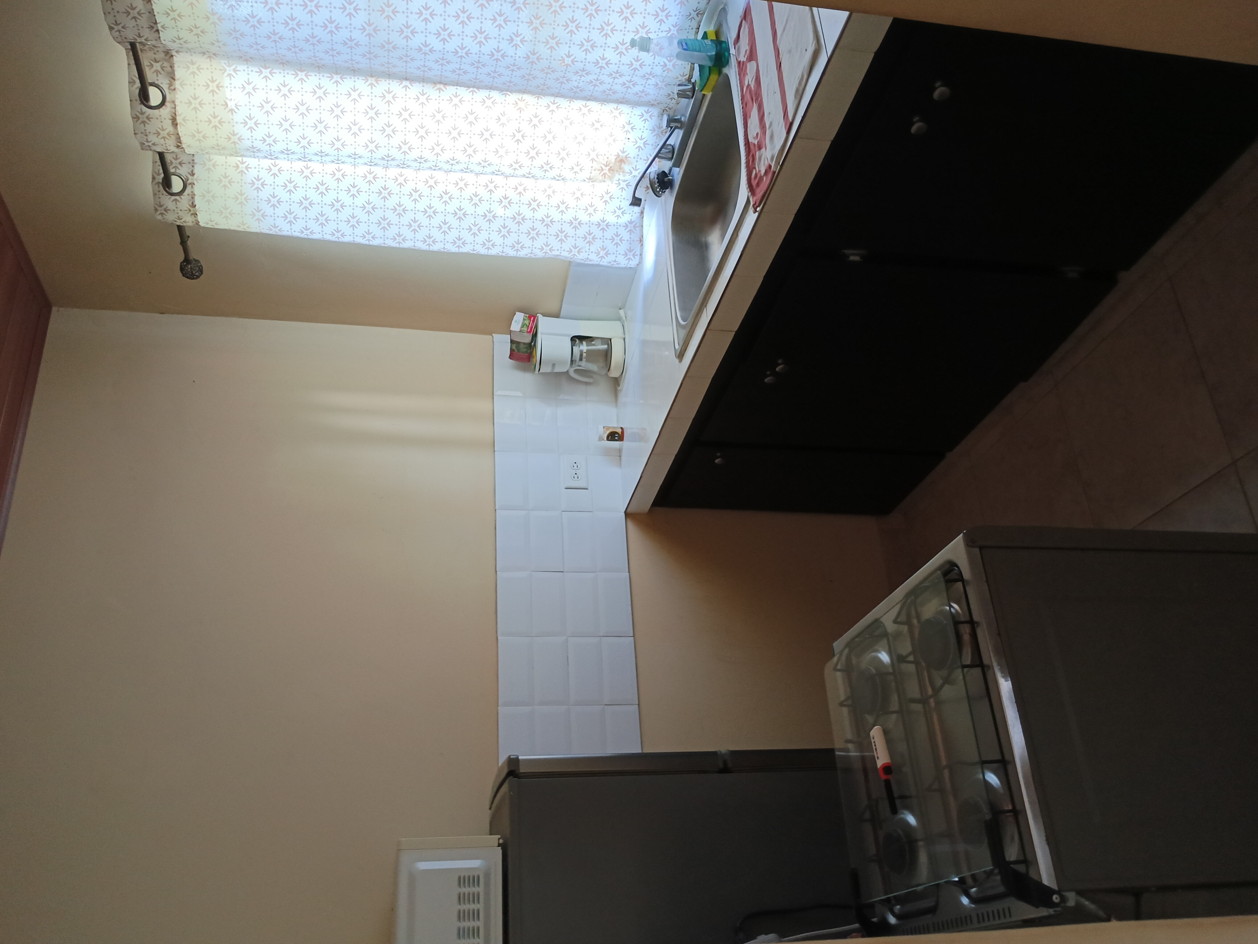 1-bedroom kitchen with gas stove, fridge and sink